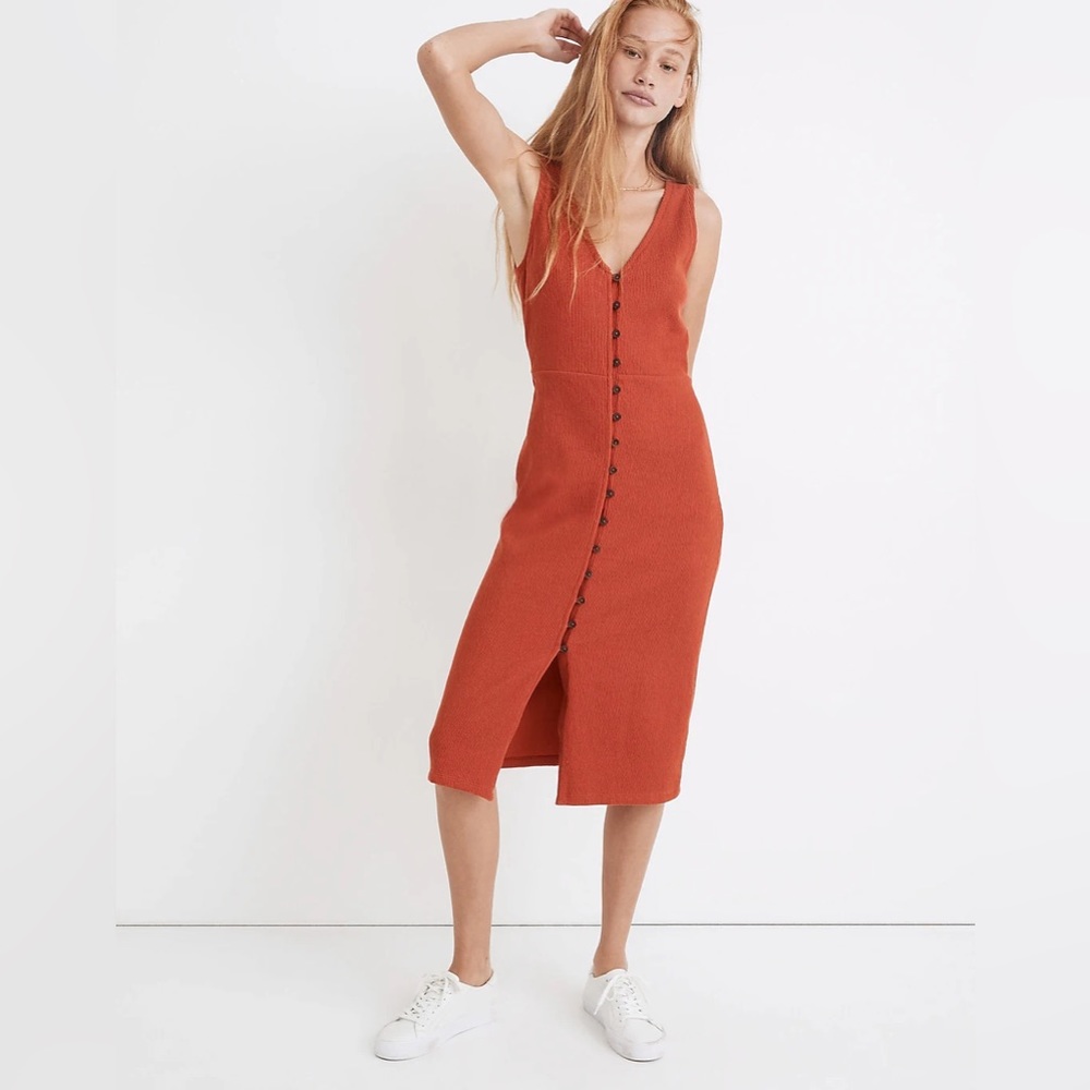 Madewell Organic Cotton Ribbed Button-Down Tank Midi Dress, Etruscan Clay